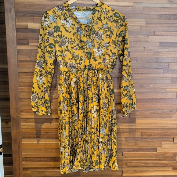 parisstyle Dresses & Skirts - Long Sleeve Floral Midi Dress - Mustard Yellow